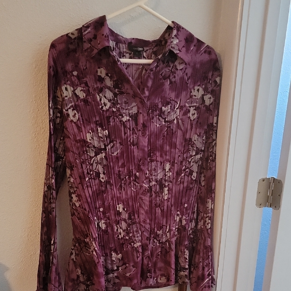 East 5th Purple And Gray Pleated Long Sleeve Blouse